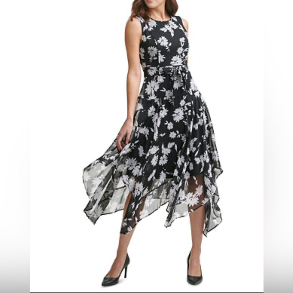 Calvin Klein Floral-Print Handkerchief-hem Midi Dress
